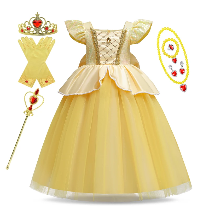 Disney Rapunzel Belle Dress Kids Girl Disguise Carnival Princess Costume Birthday Party Outfit Yellow Clothes Purple Vestidos view 5