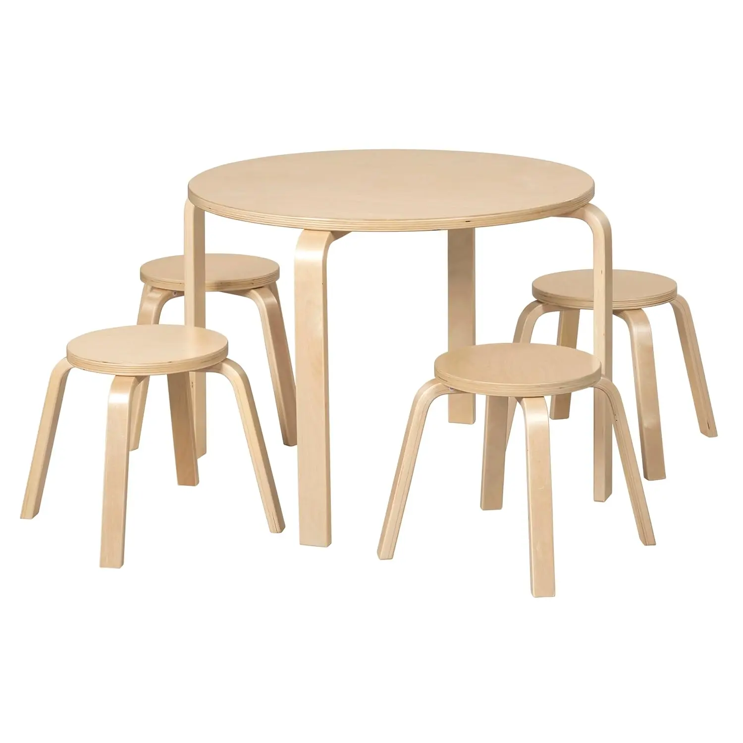 Round Bentwood Table & Stool Set 5pc Natural Birch  Gold Stackable Classroom Home 3-6Y 74lb, Customized