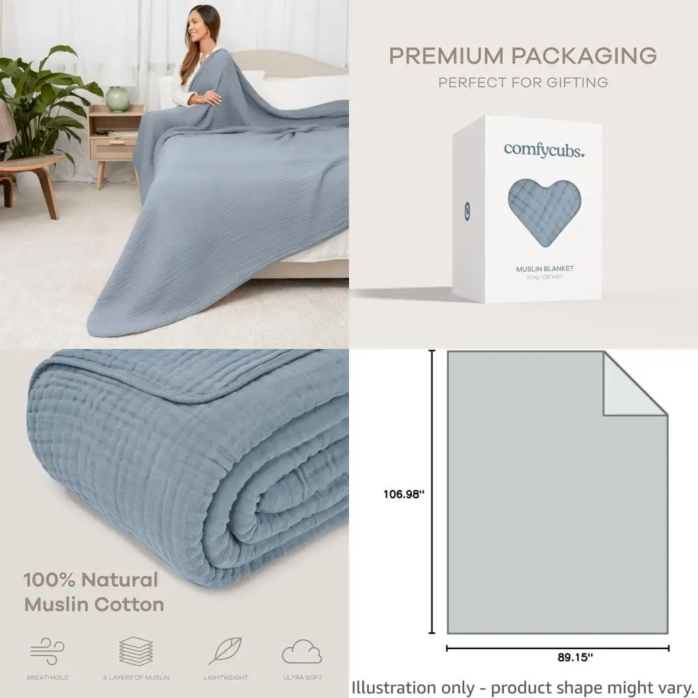 

King Size 108 x 90 6-Layer Breathable Muslin Blanket - Soft, Lightweight, Machine Washable - All Seasons Bedding - Pacific Blue