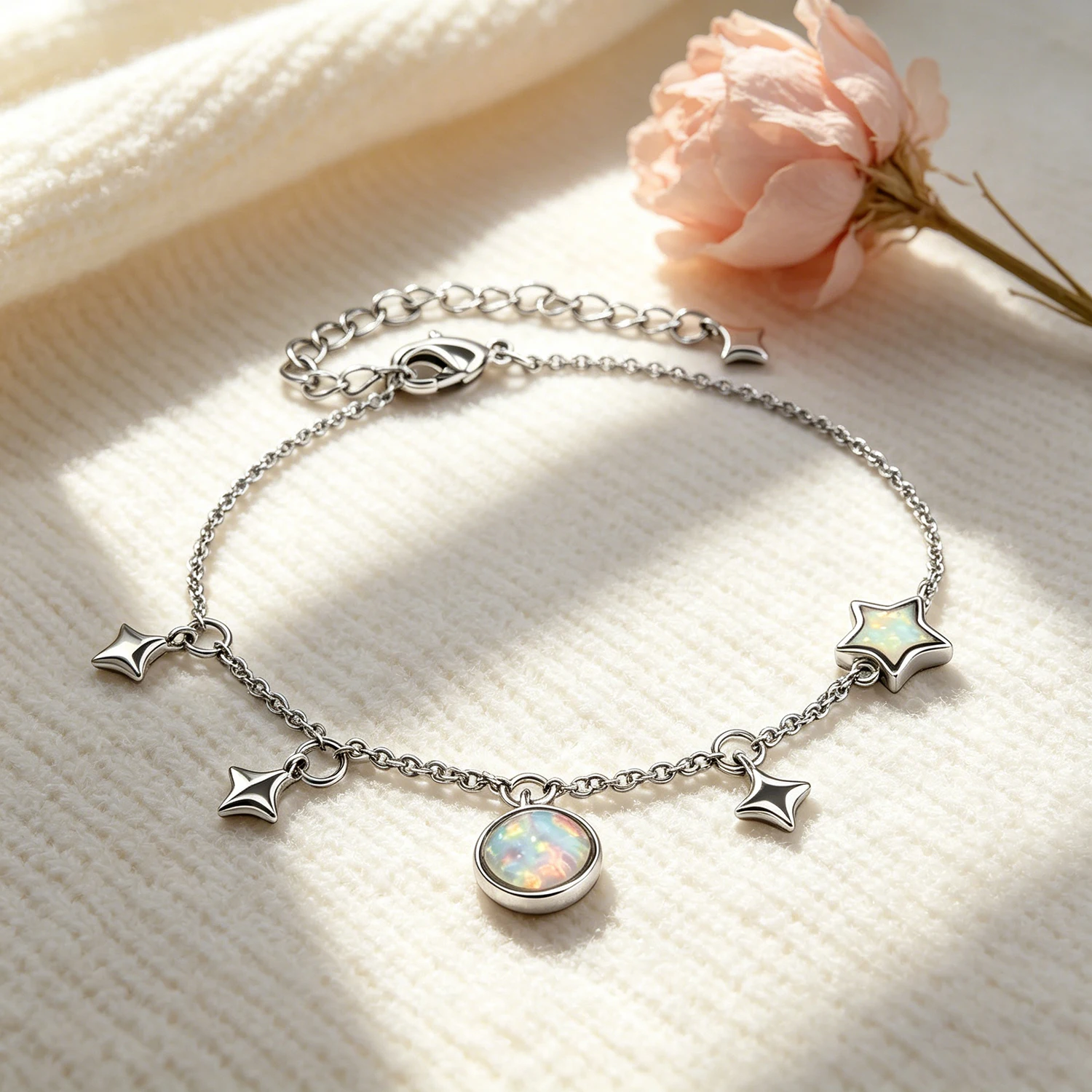 Everyday Wear Adjustable Chain Bracelet Round Opal Pendant Stars Minimalist Jewelry Gifts Dainty Opal Star Bracelet for Women 3