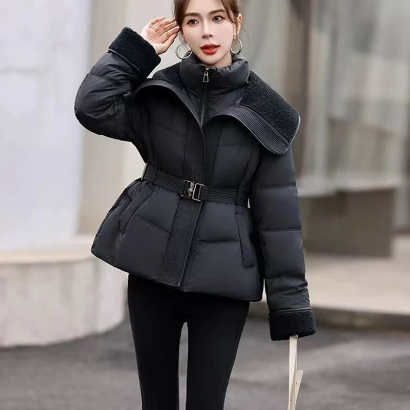 

Women's Lamb Collar Patchwork Puffer Coat 2025 Winter New Short Down cotton Outerwear Long Sleeve Warm Waist Casual Zip Jacket