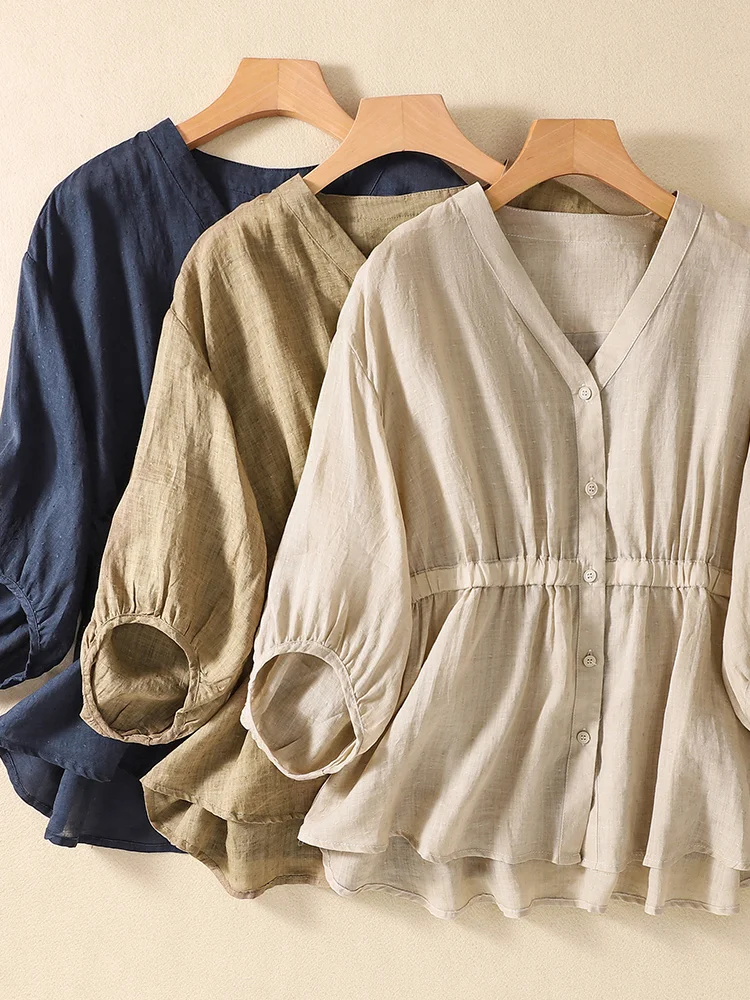 V-Ne القطن الكتان دمية irt المرأة أناقة الصيف أعلى خمسة أرباع Sve زر متابعة فضفاضة تناسب العادية طول تخفيف Sle #1