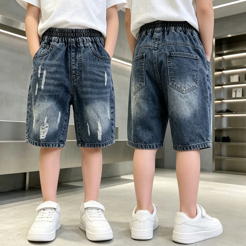 

Classic Style Children Boy New Summer Blue Washed Ripped Denim Shorts Kids Stylish Destroyed Jeans Capris Knee Length Pants 2-11