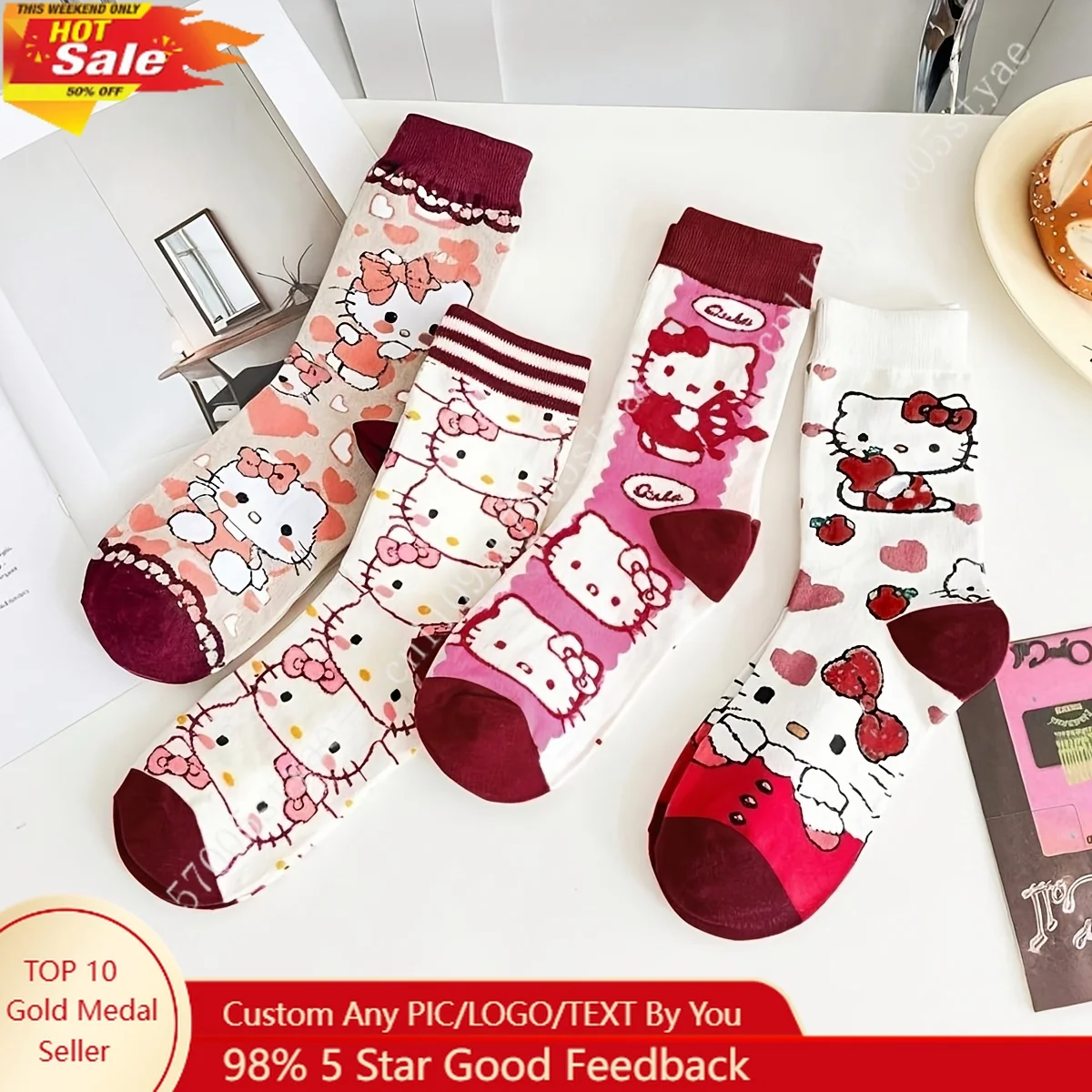 

Hello Kitty 4 Pairs Socks for Women Kawaii KT Cat Pink Red Mid-Calf Socks Cute Cartoon Crew Socks with Hearts and Apples Print