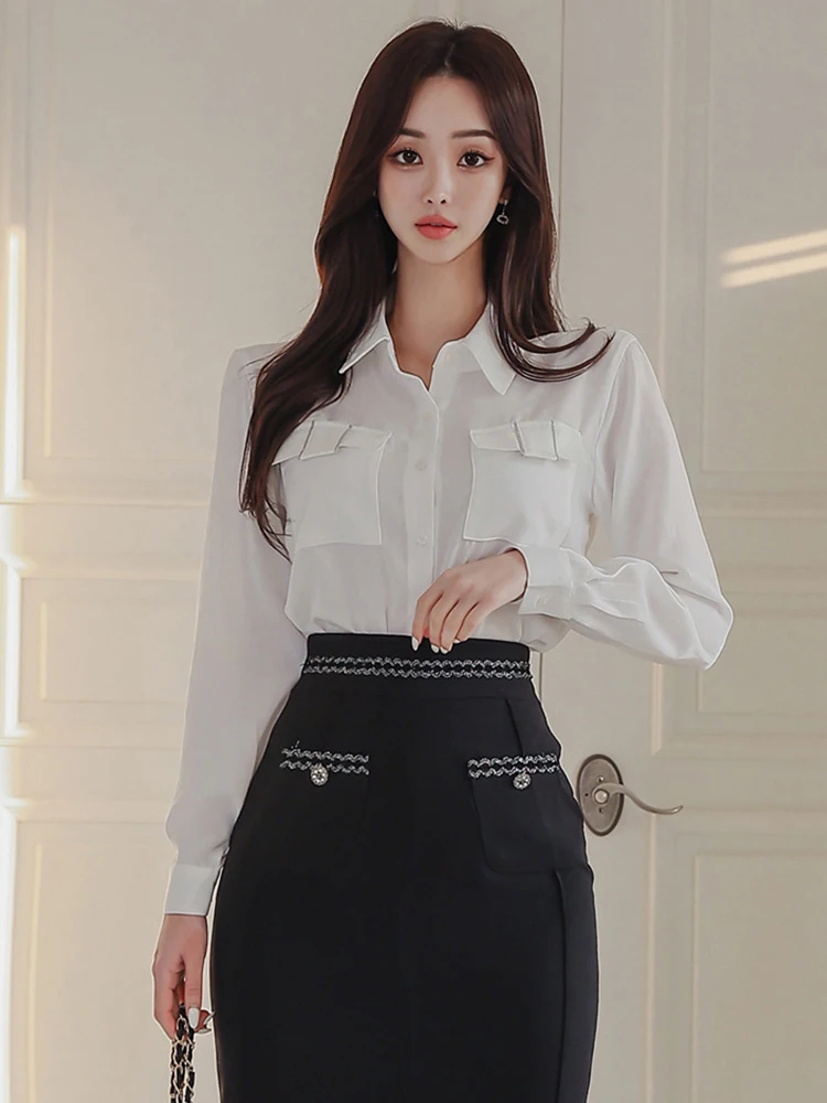 Fashion Work Style Lady Formal Commute 2 Pieces Outfits Women Clothes Elegant White Tops Shirt Blouse And Black Skirt Mujer Set