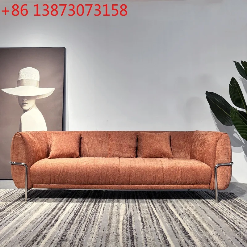 

French retro Bauhaus style inline three-person sofa small apartment living room light luxury stainless steel cotton linen sofa