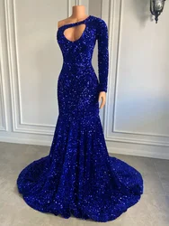 2024 Sexy Long Prom Dresses Mermaid Style Single Long Sleeve Royal Blue Sparkly Sequined African Black Girls Gowns فساتين سهرة