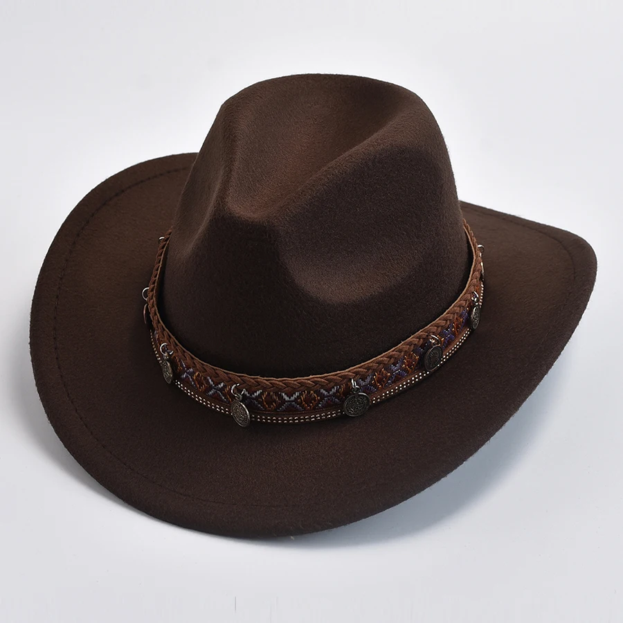 Unisex Winter Autumn Imitation Wool Felt Hat Vintage Western Cowboy Cowgirl Jazz Cap With Belt