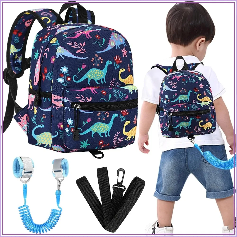 Toddler Backpack Leash with Anti-Lost Wrist Link, Cute Mini Child Walking Harness Keep Kids Close, Rope Tether for Baby Boys (Navy Blue/Dinosaur)