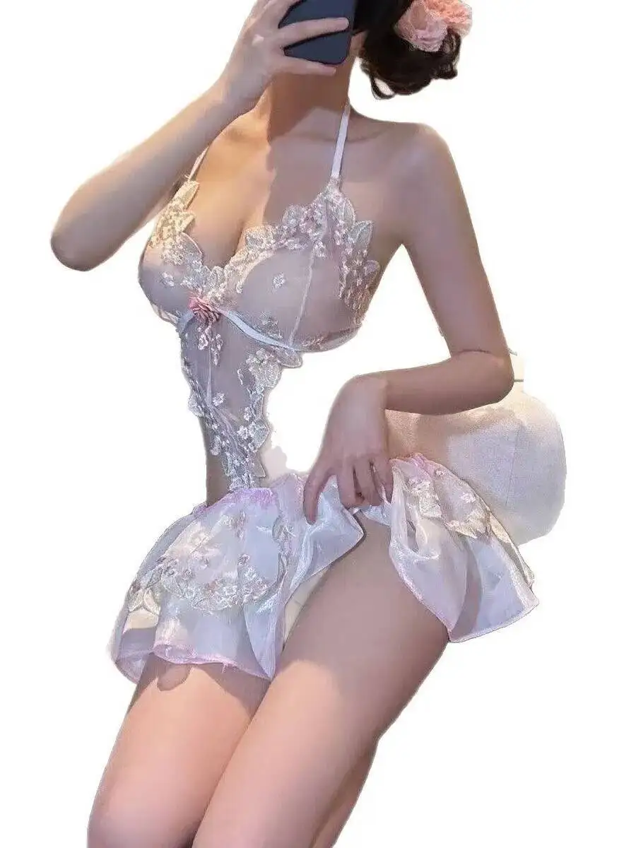 Nuevo velo de novia Sexy vestido de princesa hinchado bordado de flores Sexy lindo puro deseo encaje malla transparente vestido dulce encantador EU9O