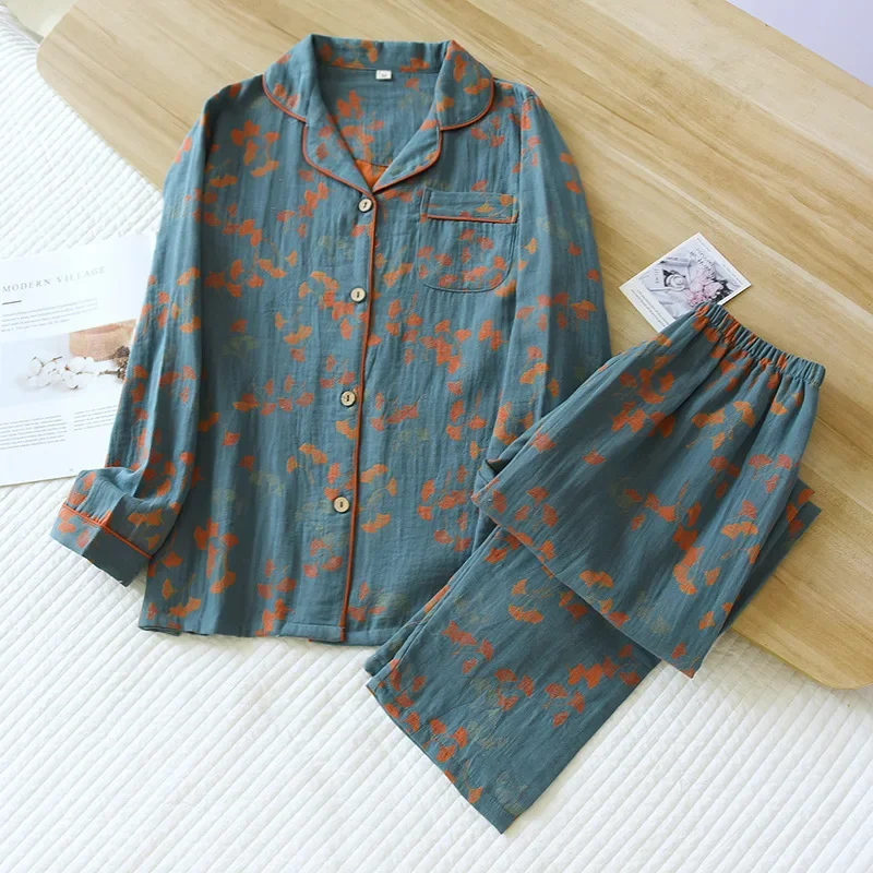 2024 Spring and Autumn Women\'s Pajama Set 100% Cotton Jacquard Long Sleeve Pants Two Piece Leaf Home Furnishing Pajama Set