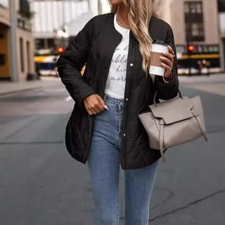 Solid Quilted Down Jackets Women Loose O-neck Long Sleeve Lightweight Button Pockets Lady Coats 2024 Winter Female Outerwears
