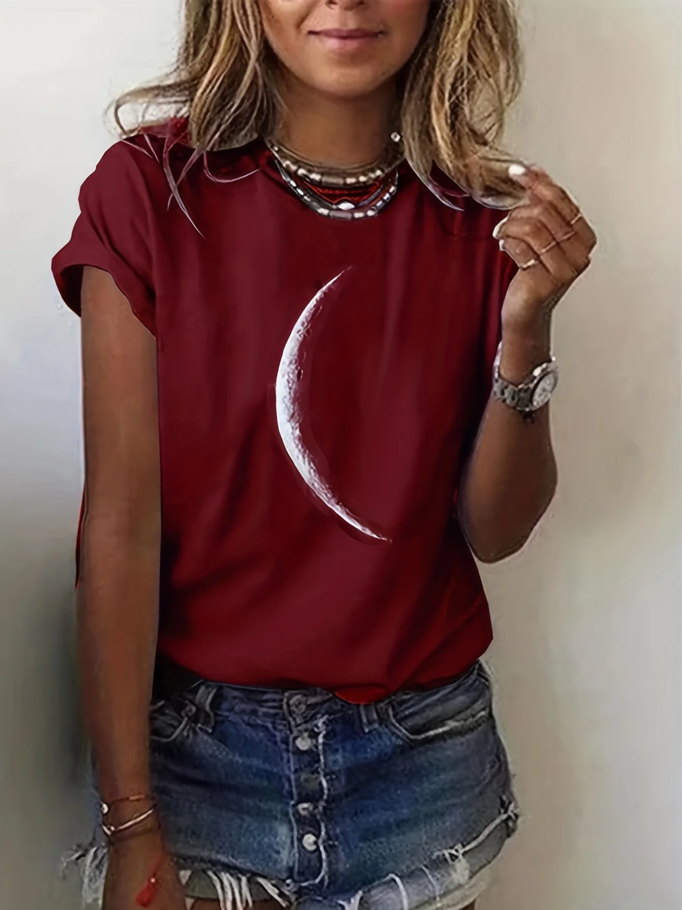 

PLUS SIZE Short Sleeve Moon Print Crew Neck T-Shirt for Spring & Summer, Casual Women's Clothing