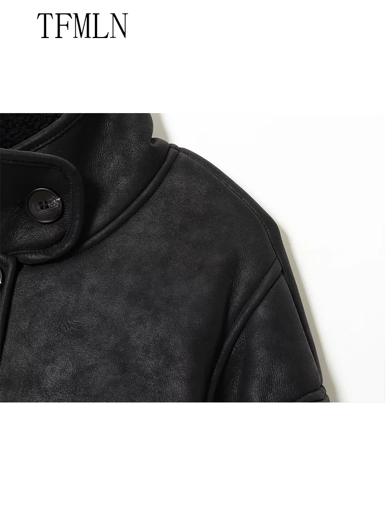 Cappotto da donna nuovo in ecopelle 2025 autunno inverno colletto alla coreana giacca monopetto a maniche lunghe moda femminile capispalla da donna allentata