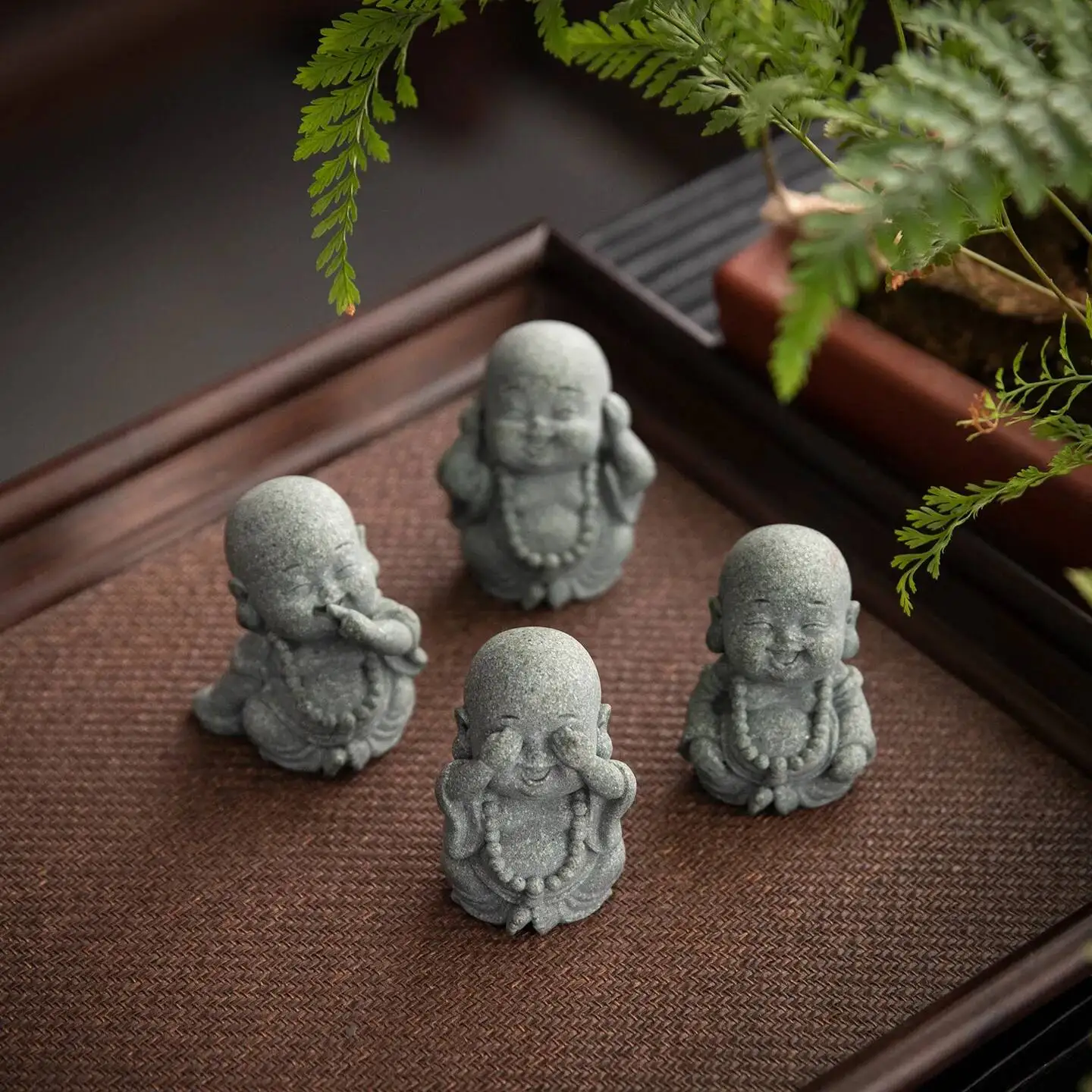 Green Sandstone tea pet Big Belly Maitreya Buddha Laughing Four Little Monks Ornament Desktop Tea play Table Craft