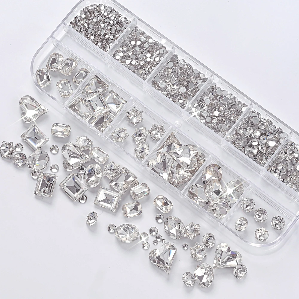 K9 branco irregular coração/retangular prego strass misturado luxo glitter vidro semicírculo diamante encantos do prego diy decoração de cristal
