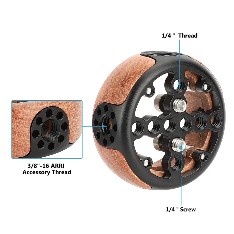 Impugnatura rotonda in legno CAMVATE con filettatura accessorio stile 3/8 "-16 ARRI e supporto a vite 1/4"-20 per DSLR Camera Cage Video Rig nuovo