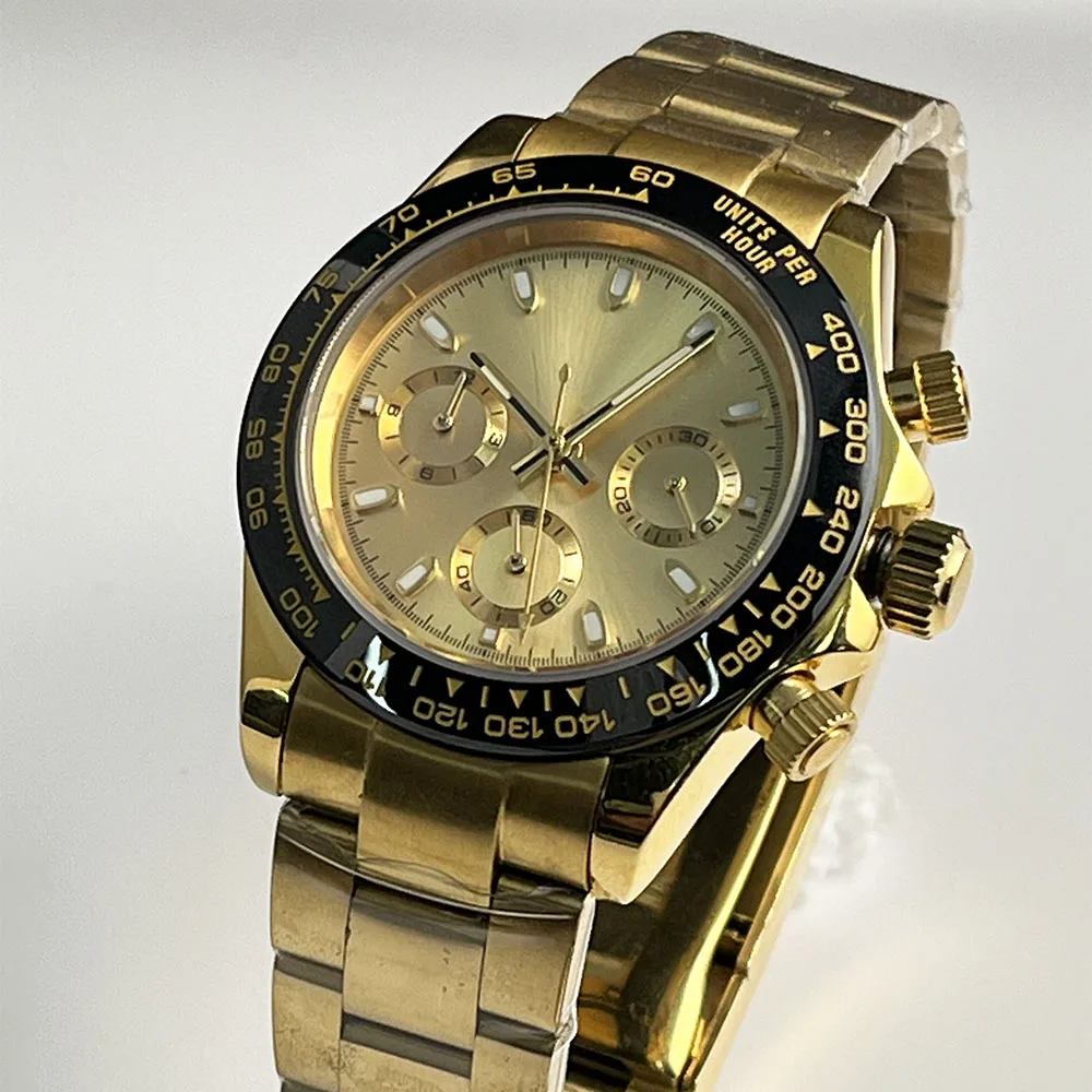 

39MM Men's Gold 39mm Quartz Chronograph Sapphire Crystal Stainless Steel Solid Shell Men's Watch VK63 Movement Folding Buckle