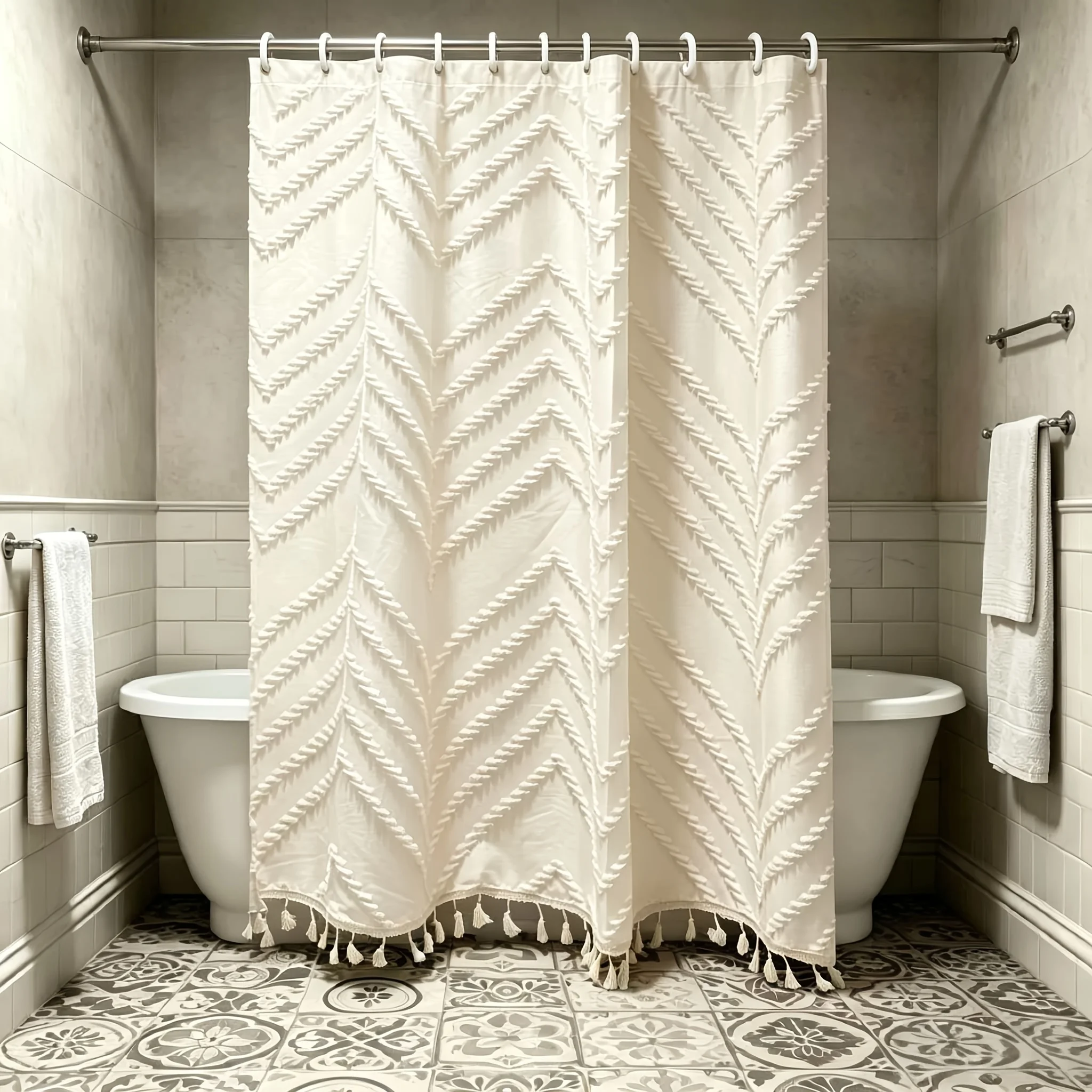 1PC Boho Floral Cutout Tassel Shower Curtain with Matching Hooks, Bohemian Textured Fabric Bath Curtain,