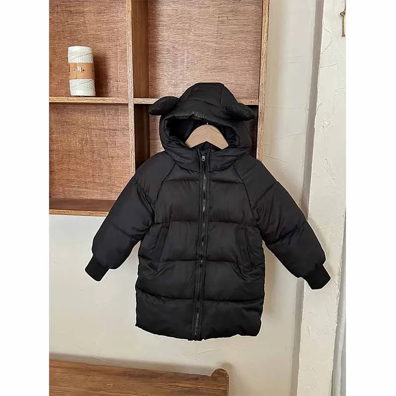 2024 Girls Winter Coat Boys Padded Thickened Warm Long Outerwear Children Solid Color Hooded New Clothes Jacket 2-8 Years Old