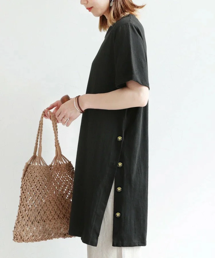 루즈핏 일본 스타일 티셔츠, 버튼업 코튼 린넨 미디 드레스, 사이드 슬릿, 클래식 라운드넥 여름 드레스