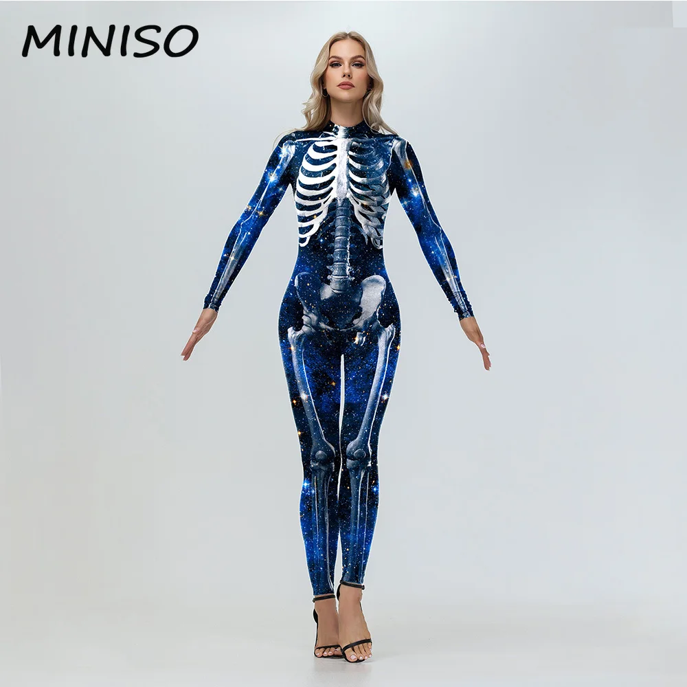 MINISO Halloween skelet kostuum Zentai dameskleding blauwe astral bedrukte bodysuit cosplay carnaval feestjurk up jumpsuit