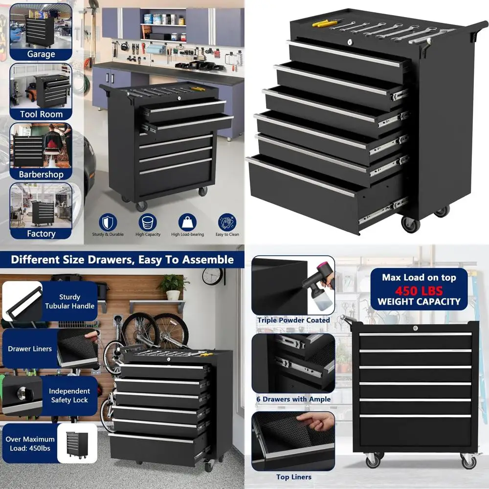 

Portable Heavy-Duty Rolling Toolbox with 6 Drawers, Lockable Storage Cabinet for Mechanics, Workshops, and Garages.