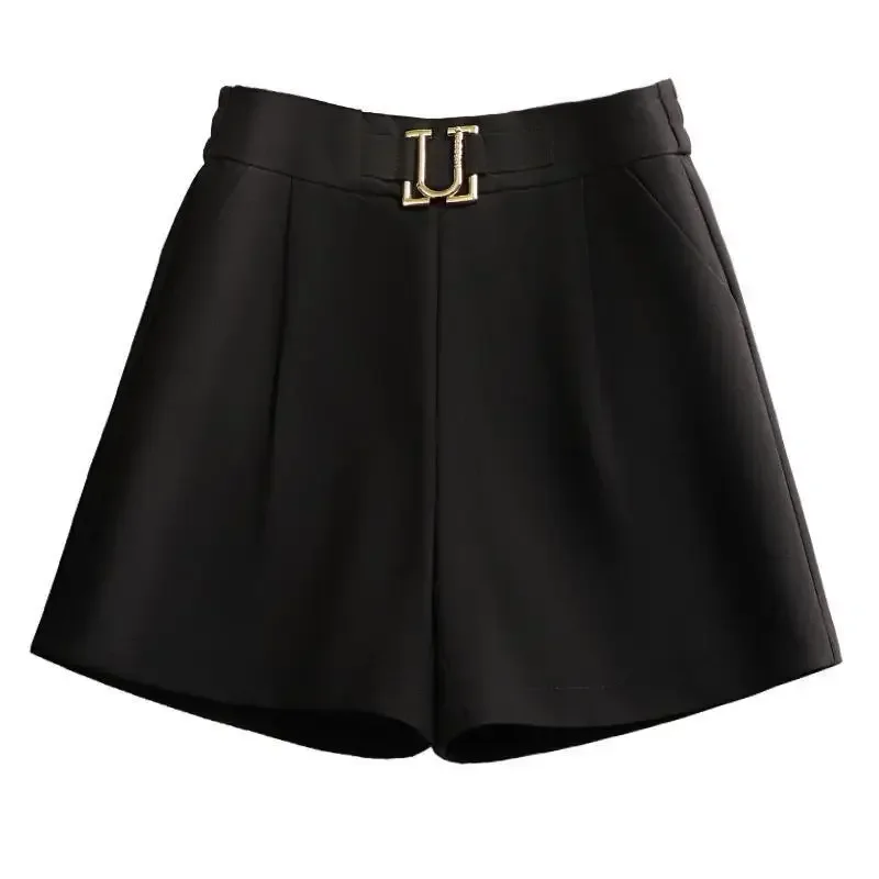 

Ice Silk Suit Shorts Women Fashion U-shaped Decorative Short Trouser High Waist Office Lady Womens Clothing