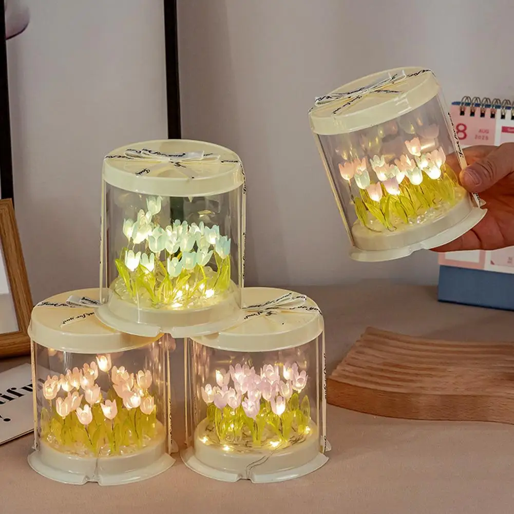 ضوء الليل توليب، مصباح مرآة LED DIY أضواء زينة المنتج النهائي زهرة اصطناعية مصباح طاولة بجانب السرير هدية إبداعية