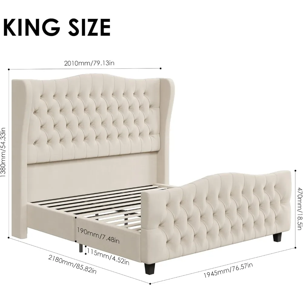 Keyluv King Size 54.3” Tall Platform Bed Frame with Deep Button Tufted Wingback Headboard and Footboard, Velvet Upholstered Bed