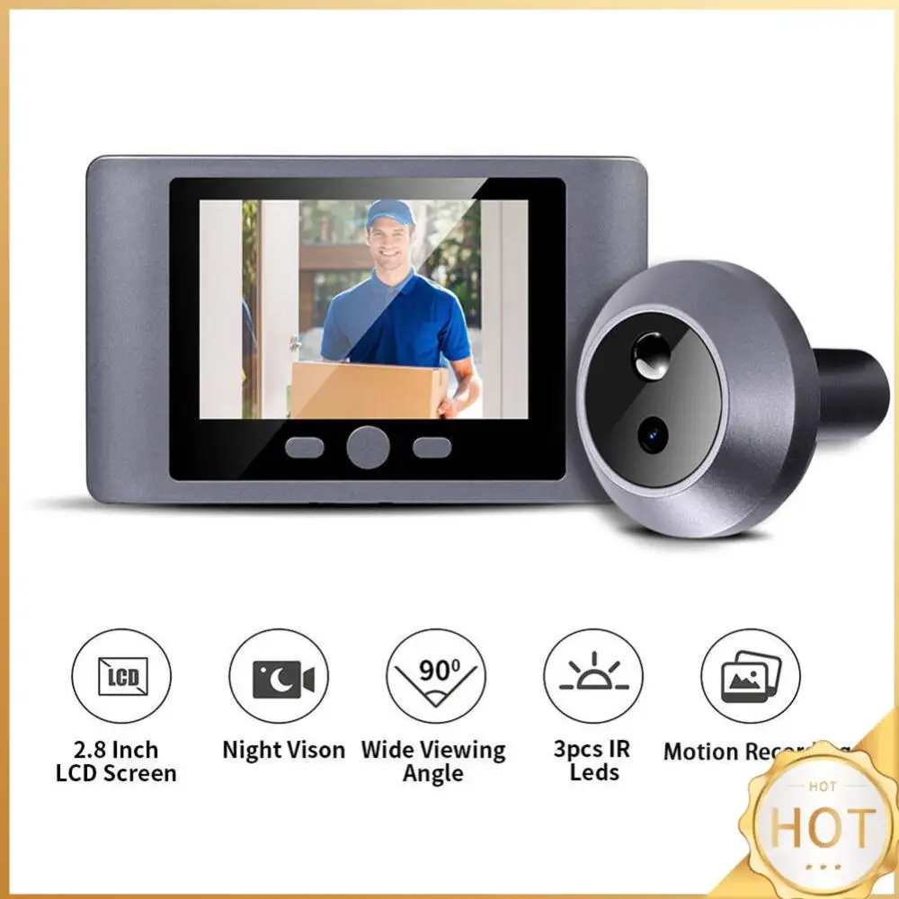 

Мини-камера-глазок для двери с беспроводным подключением, PIR-датчиком движения, 2,8-дюймовым экраном и функцией дверного звонка