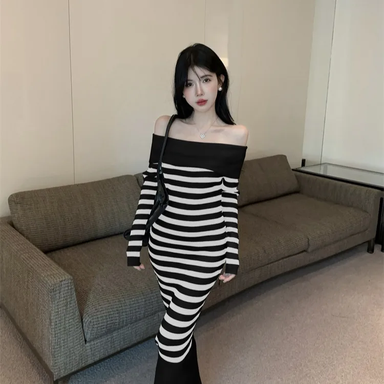 섹시 니트 드레스 원숄더 하이웨이스트 슬림핏 롱 슬리브 가을 겨울 스트라이프 이너웨어 캐주얼 엘레강스