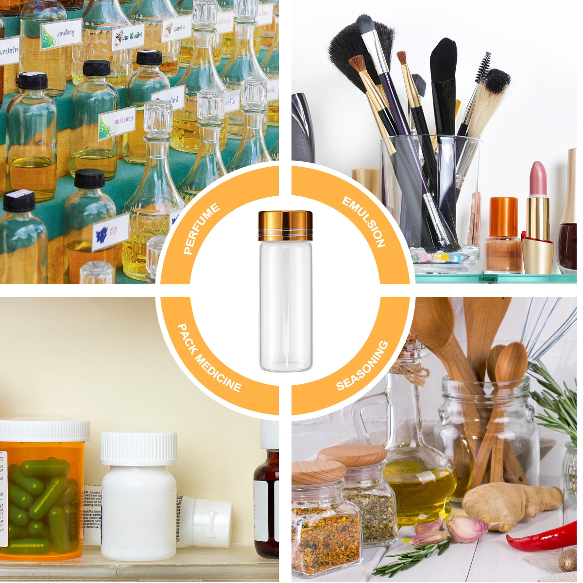 

10Pcs Gold Plated Lid Small Glass Jars Leakproof Clear Bottles Liquid Portable Travel Packaging Containers