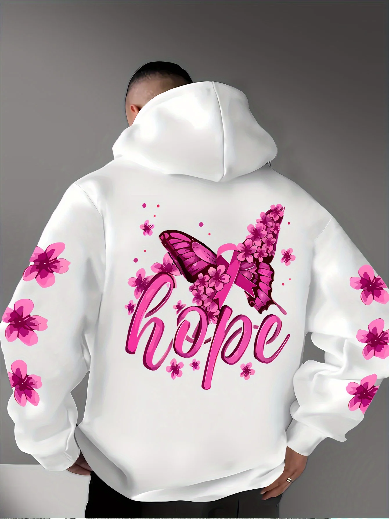 Herren Sport Hip-Hop Hoodie Rosa Blumen Schmetterling Hoffnung Buchstaben Grafik Rückendruck Streetwear Fleece Pullover Sweatshirt – Detail 3