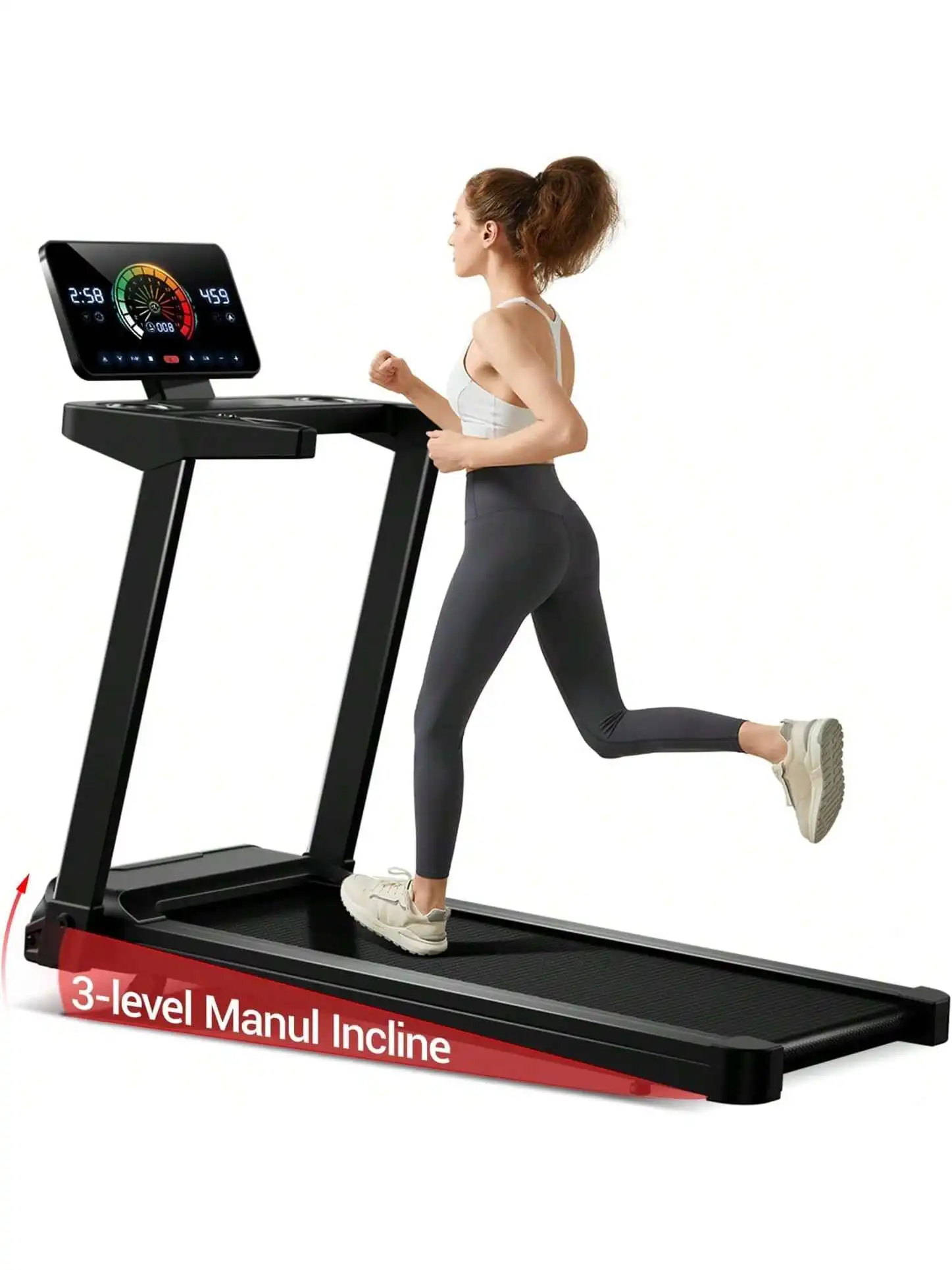Tapis roulant électrique puissant MC Star avec moteur de 3,0 ch et inclinaison de 10 %. Gamme de vitesse : 1 à 12 km/h, surface de course spacieuse (40x97 cm) et écran LED. Charge maximale : 120 kg.