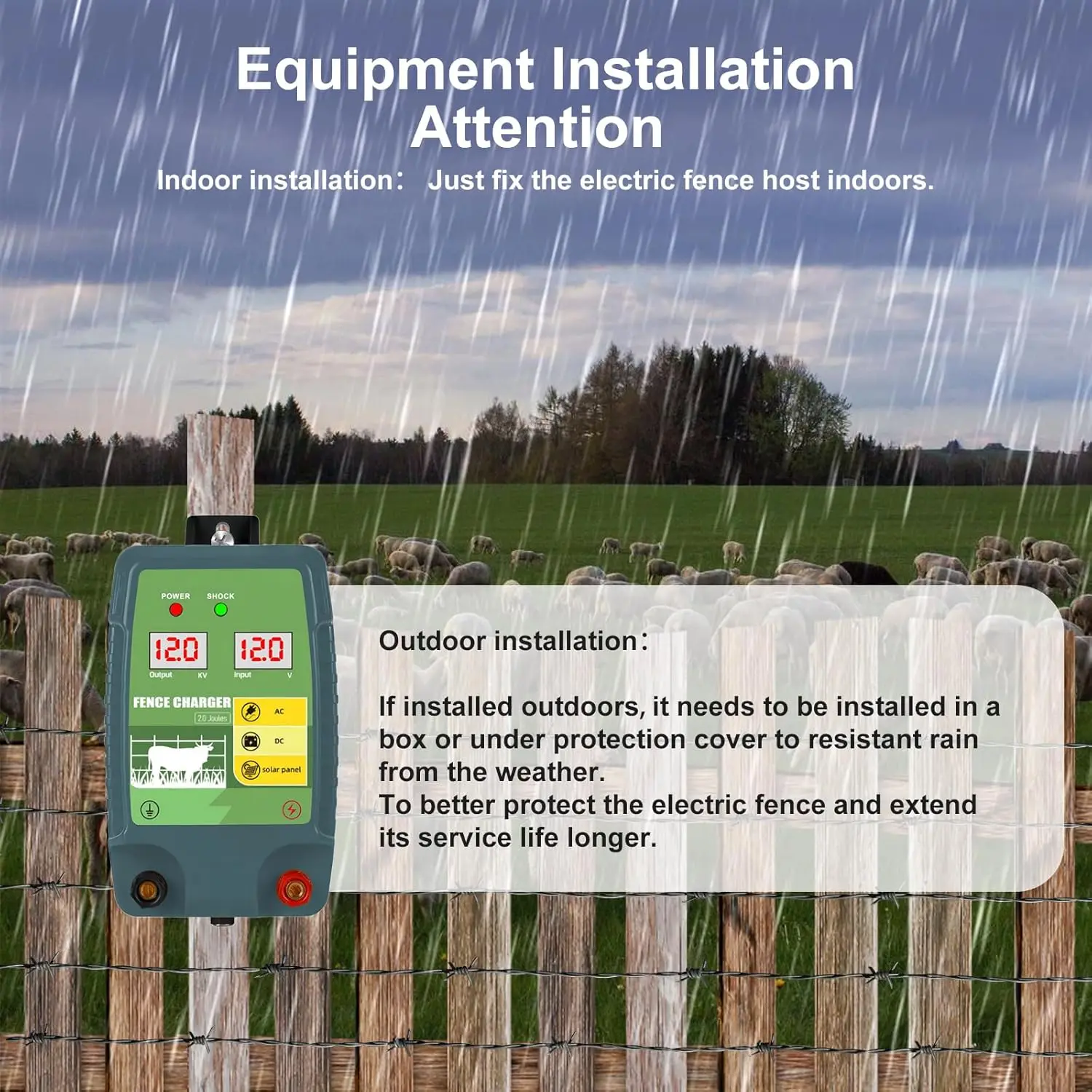 12KM High voltage Electric Fence Energizer for Ranch Animal Protection Livestock Farm Cattle Prevention 12V Solar Battery Power