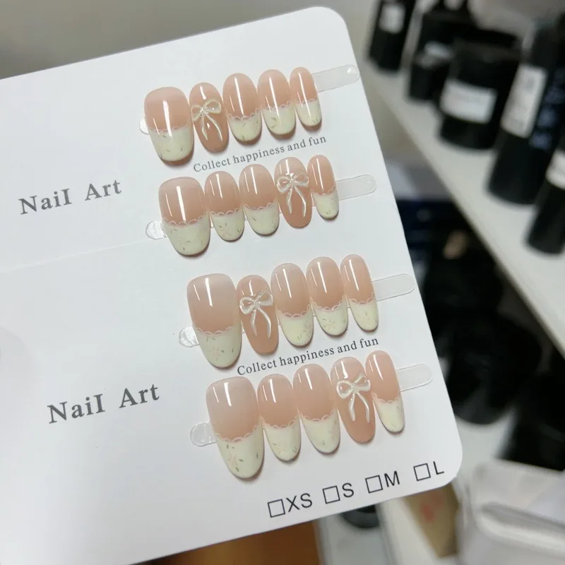10pcs Handmade Nail Acrylic Press Ons Medium Long Spring Flowers French Nails Set Fake with Glue Included Cute Fingernails 2025