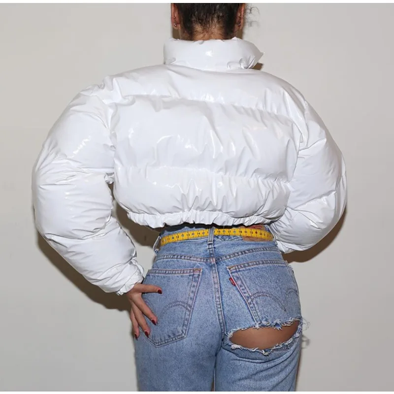 New solid-color mirror-finish PU leather stand-up collar cardigan tucked cotton-padded jacket women's clothing autumn and winter