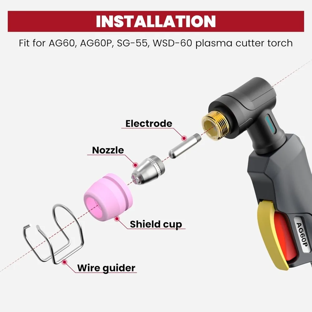 Kit di materiali di consumo per cannello per taglio al plasma da 50 pezzi con scatola, ugelli con punta di taglio per AG60 WSD60 AG60P BTC500DP
