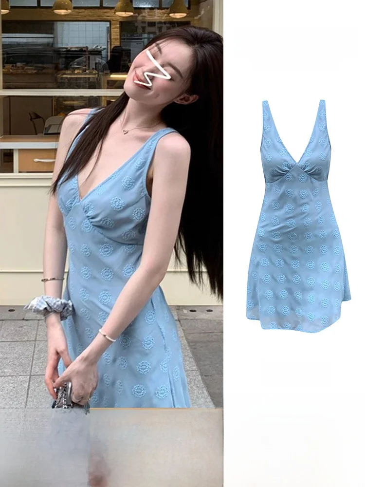 Blauer V-Ne ter Dr Damen Sommer Strand Vaion ort Rock Lässiges A-Linie-Baumwollkleid mit hoher Taille für junge Damen