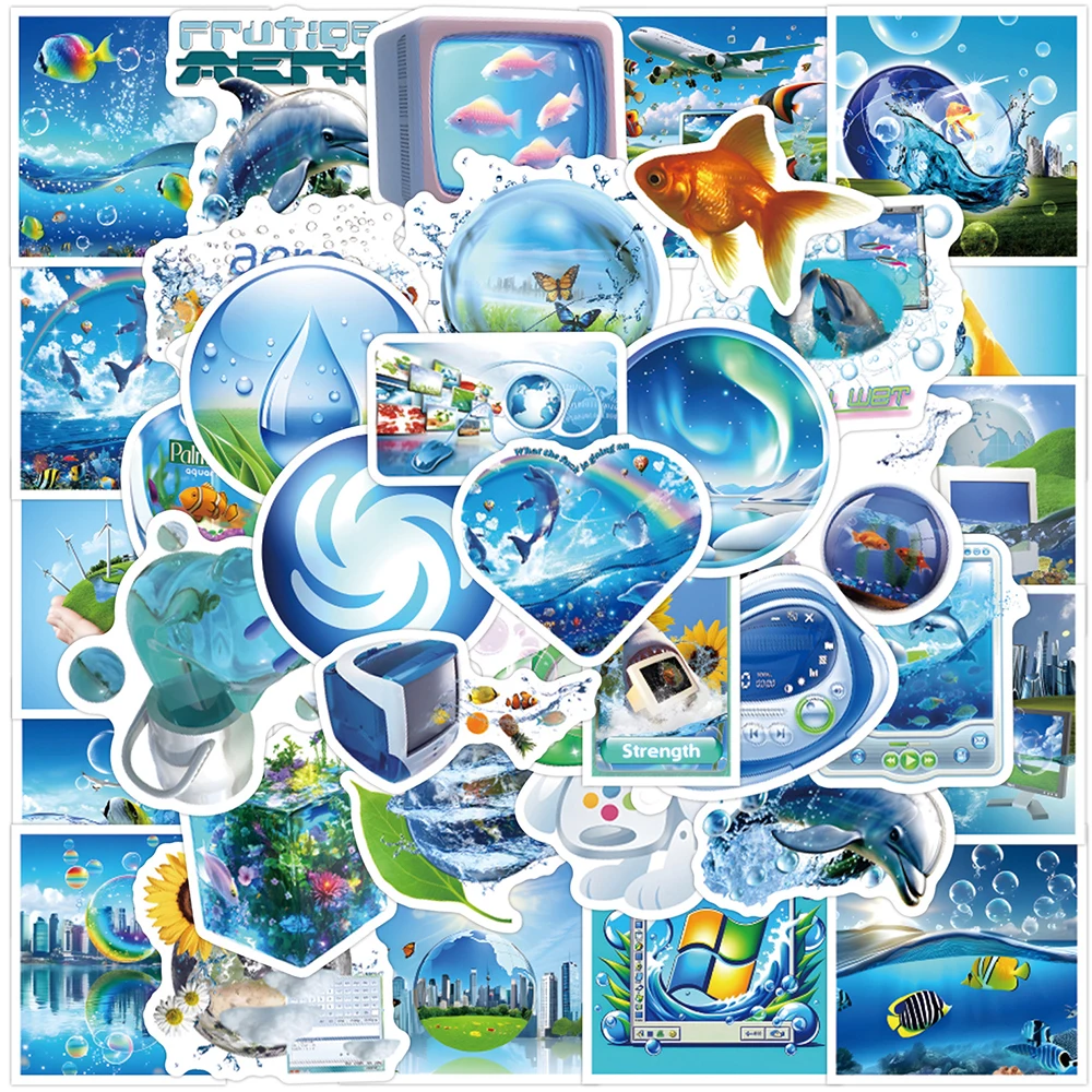 10/30/50pcs Adesivos de Desenho Animado Frutiger Aero Blue, Decoração Estética Y2K, Adesivos DIY para Capas de Telefone, Laptops e Malas, Pacote de Adesivos Fofos