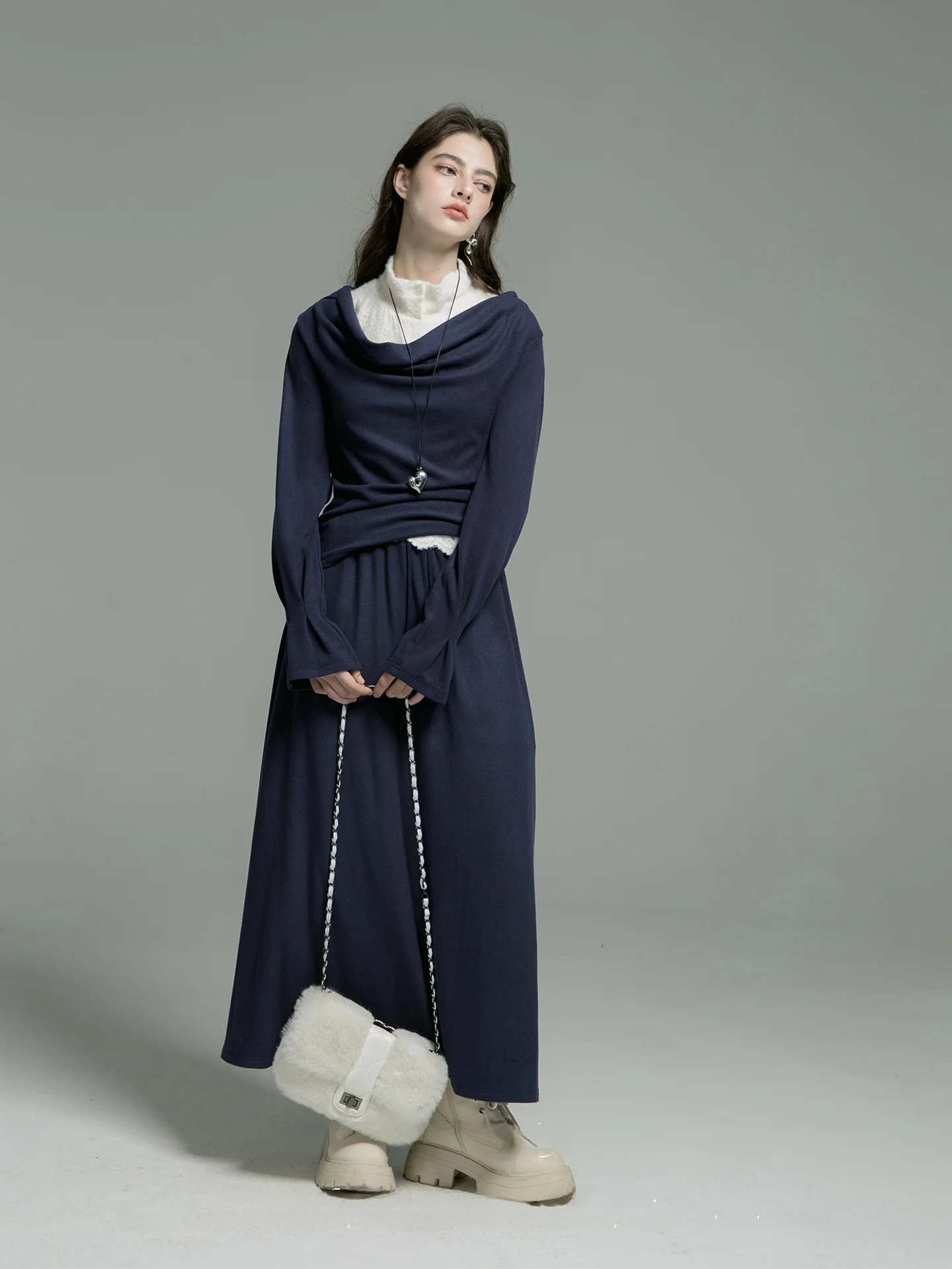 

XinXinYue Blue Hour Прусский синий вязаный шерстяной свитер с капюшоном и юбкой, комплект Casual Sle Mid-Thi Long Sve Collarl, двухP...