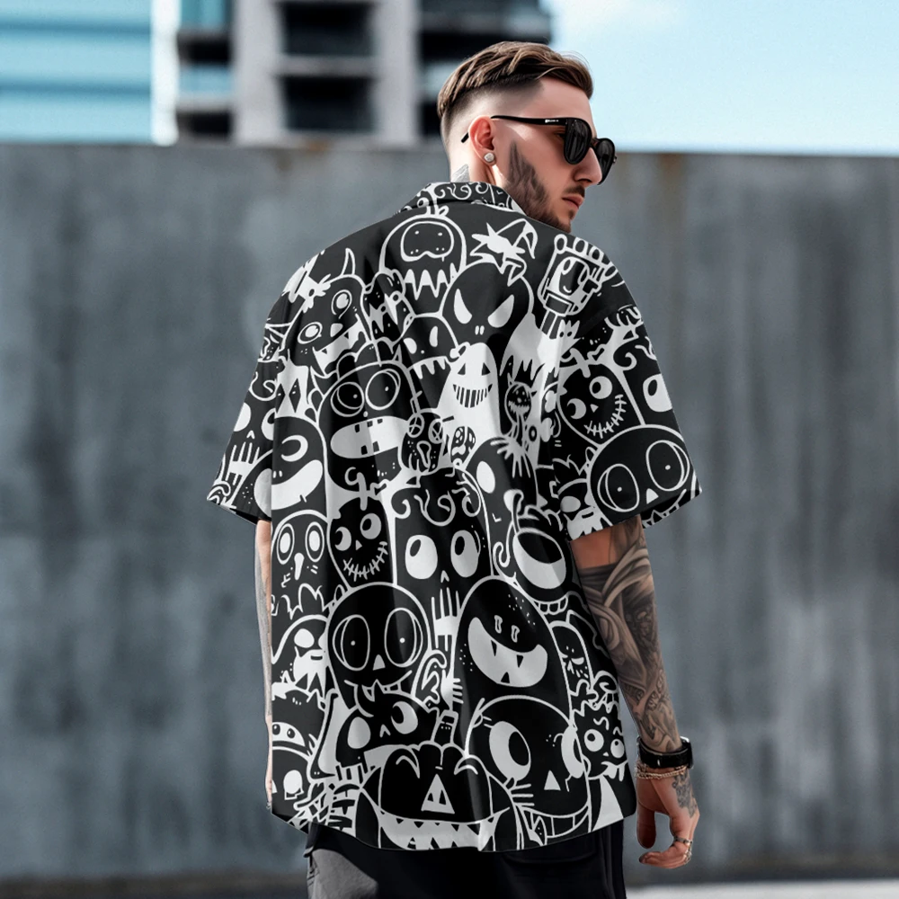 Black and white simple cartoon design summer men's short-sleeved shirt loose large size casual thin lapel top