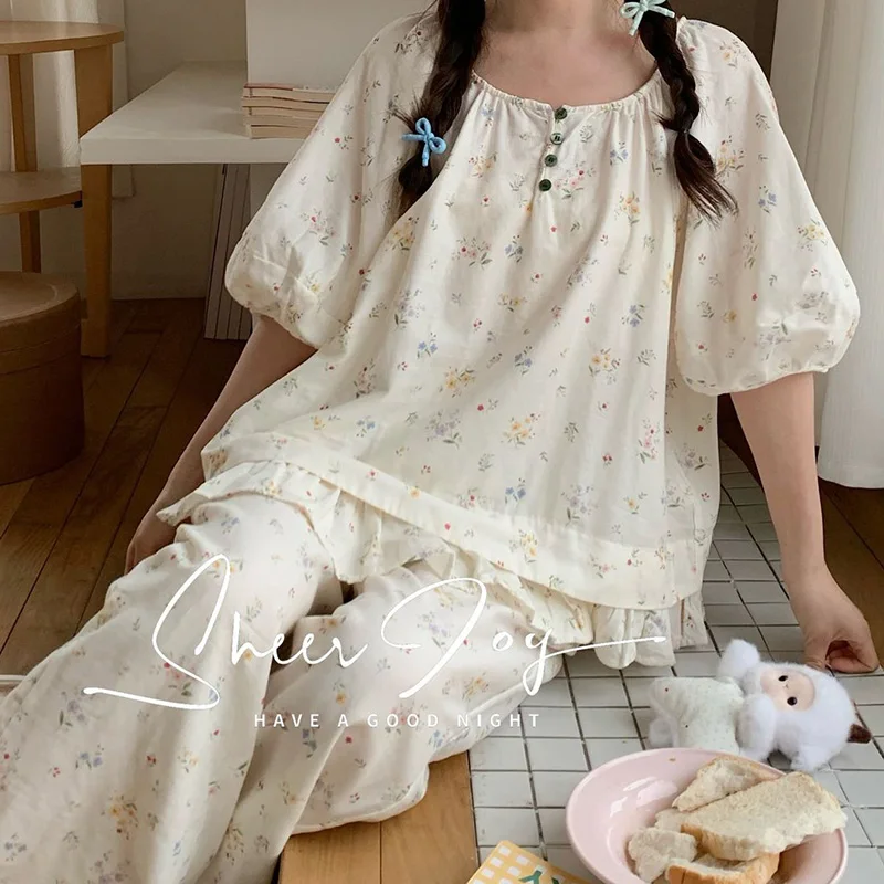 lace-sweet-floral-pajamas-2-pcs-sets-women's-spring-long-sleeve-pants-outward-home-clothes-set