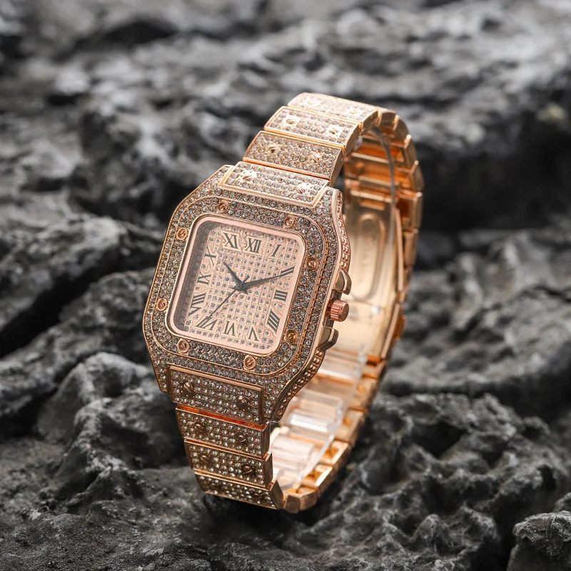 Foreign Trade Popular Style Cross-Border Hot Sale Fashion Square Diamond Full Diamond Roman Scale Women's Watch Women's Watch Qu