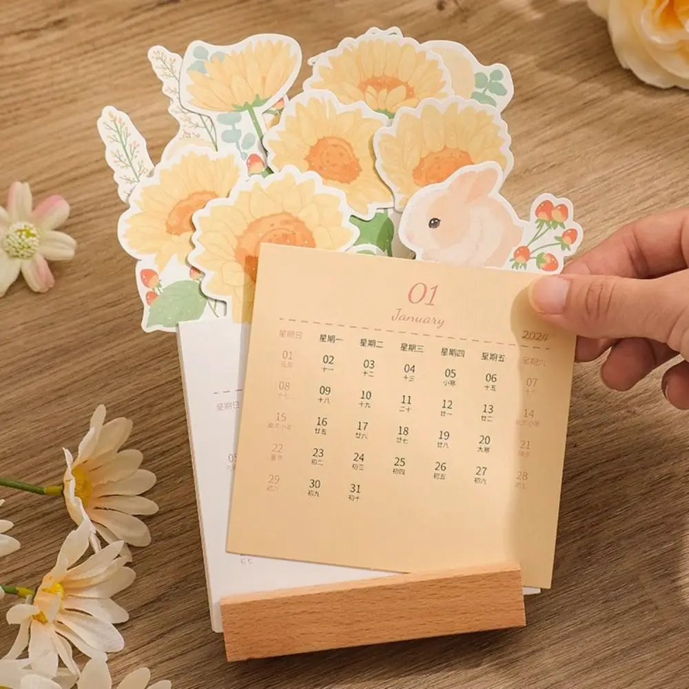 1 PCS 2024 Desktop Calendars Creative Flower Series Wooden Calendar Simple Dreamy Miniature Art Ornament