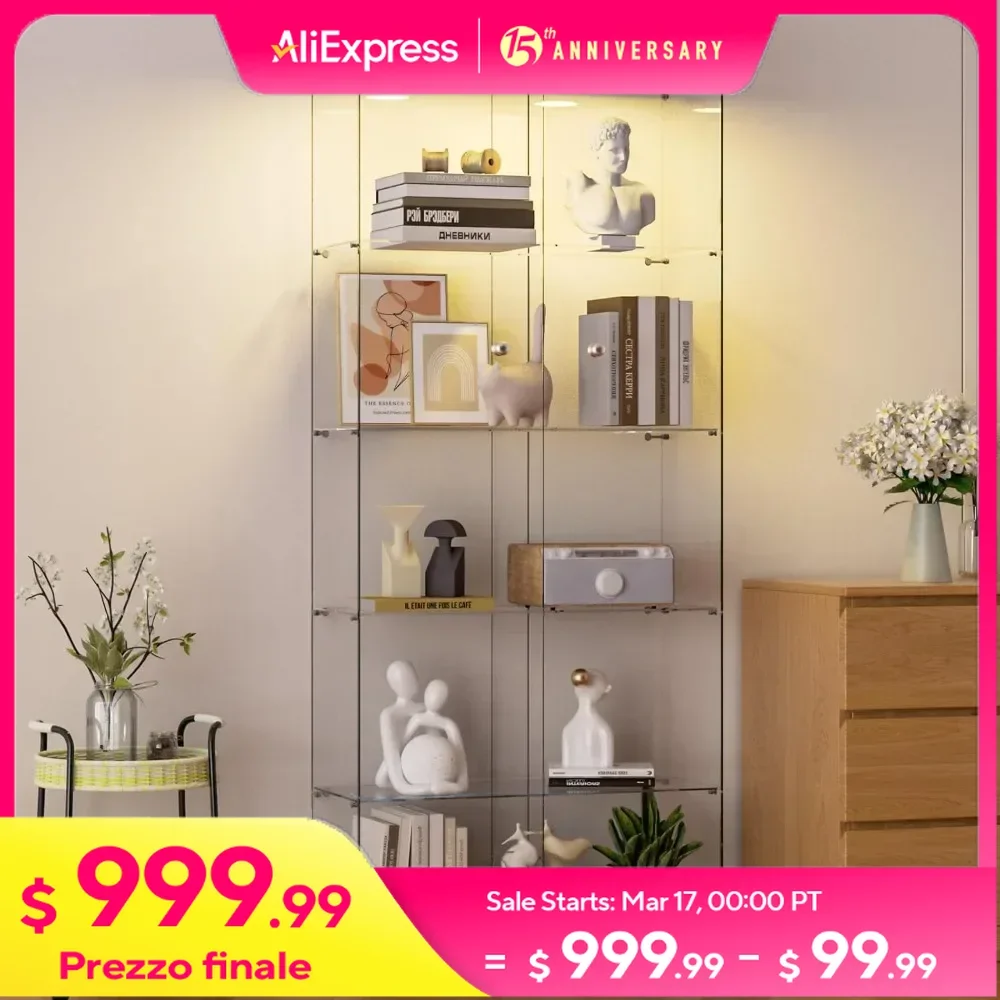 5-Shelf 2 Doors Glass Display Cabinet with 2 LED Push Lights，Remote Control，Locking，Floor-to-Ceiling Glass Bookcase