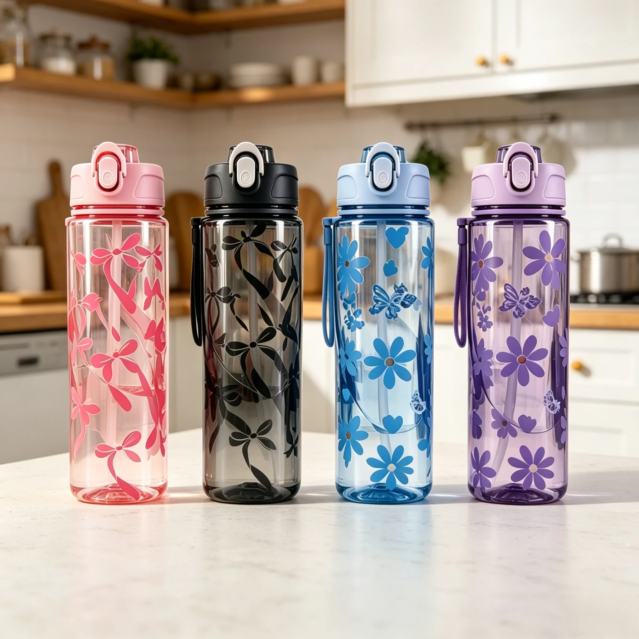 Water Bottle with Full Print of Flowers and Bowknot Patterns, Trendy & Stylish, Lightweight with Portable Lanyard, Durable image 2