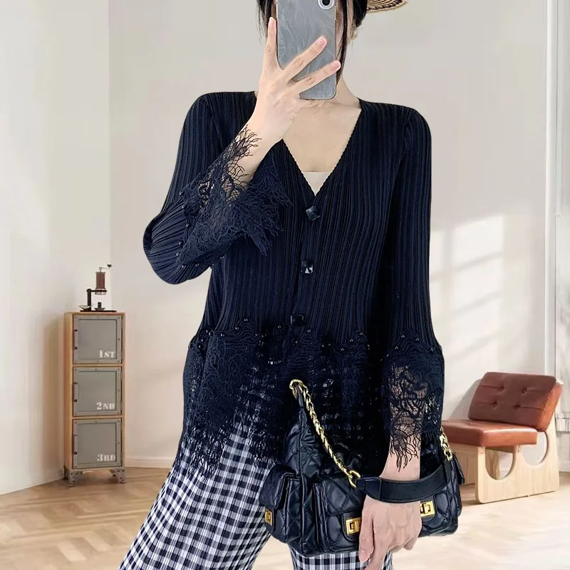 

Miyake Pleated Jacket Lace Jacket Women Elegant Temperament Small Shirt V-neck Aging Peplum Splicing French Cardigan Tops