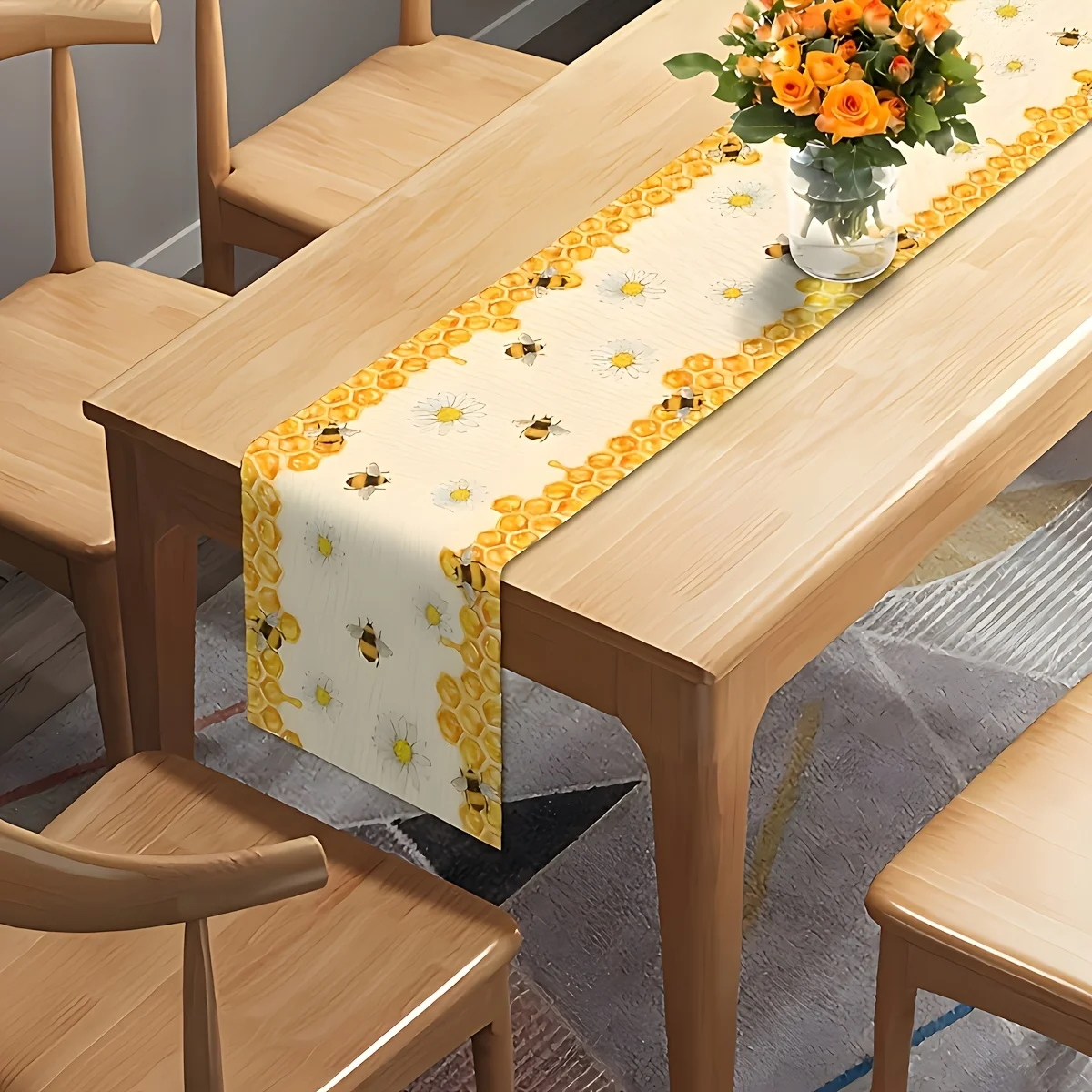 Bee Honeycomb Daisy Linen Table Runner Party Decoration Country Yellow Flower Bee-Themed Kitchen Dining Table Runners Home Decor